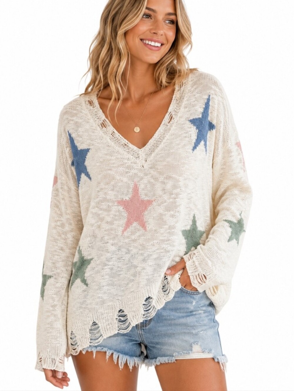 Adora Distressed Star Knit Sweater Medium